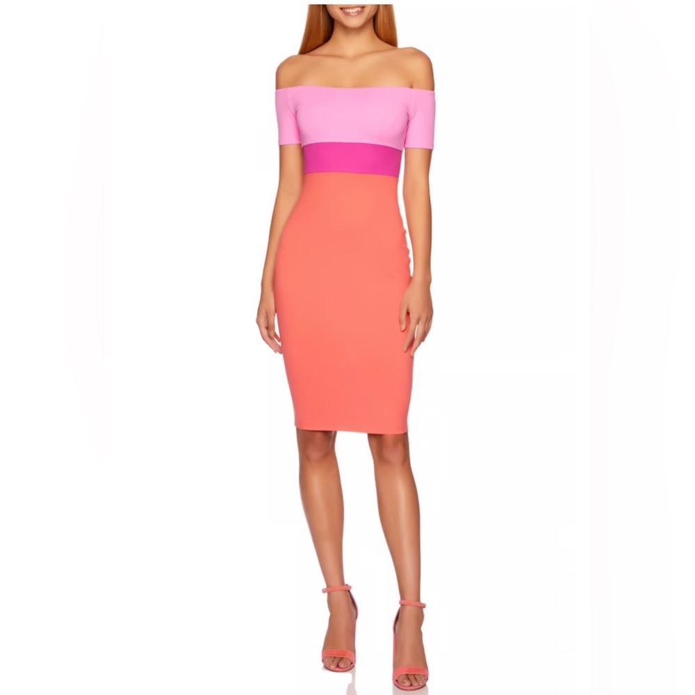 Susana Monaco Colorblock Off-Shoulder Midi Dress in Pink, Fuchsia, Coral